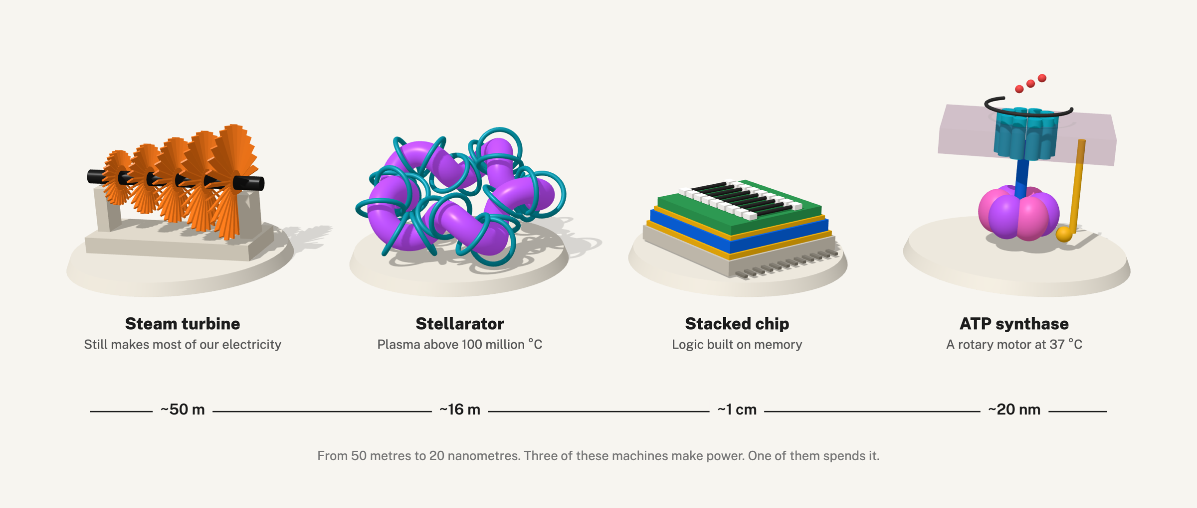 Four machines on one axis: a steam turbine, a stellarator, a stacked chip and ATP synthase